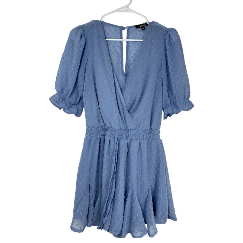 Trixxi Women’s Light Blue Swiss Dot Romper With Puff Sleeves - Size Medium
